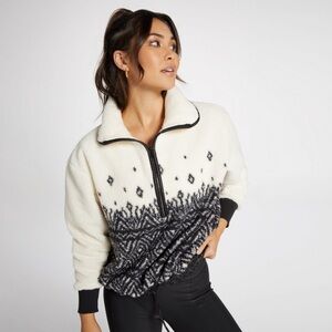 CALIA Tipped Black and White Patterned Sherpa 1/2 Zip Pullover